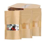 TsunNee 100PCS Kraft Paper Stand Up Food Bags, Kraft Paper Food Storage Pouches, Reusable Ziplock Seal Bags, Brown Paper Food Packing Bag with Transparent Window, 10x15cm