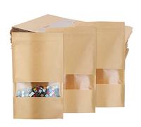 TsunNee 50PCS Kraft Paper Stand Up Food Bags, Kraft Paper Food Storage Pouches, Reusable Ziplock Seal Bags, Brown Paper Food Packing Bag with Transparent Window, 18x30cm