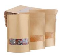 TsunNee 60PCS Kraft Paper Stand Up Food Bags, Kraft Paper Food Storage Pouches, Reusable Ziplock Seal Bags, Brown Paper Food Packing Bag with Transparent Window, 17x24cm