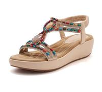 Tsuukuie Women's Comfortable Sandal Bohemia Wedge Sandals with Rhinestone Beaded Ankle Strap Sandals Beach