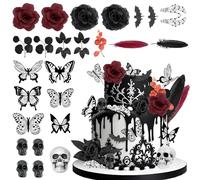 TSVATE Gothic Cake Decorations - 26PCS Black Cake Toppers with Red Black Rose, Skull, Butterfly Cupcake Toppers for Goth Birthday, Wedding, Halloween