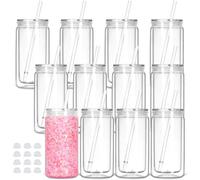 Tswofia 12-Pack Snow Globe Tumbler, 16 Oz Double Wall Can with Pre-Drilled Hole, Lid, Straw - Plastic Mason Jar Mug for DIY Glitter Snow Globe Gift (Clear)