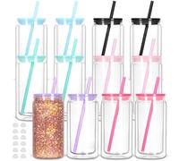 Tswofia 12 Pack Snow Globe Tumbler with Pre-Drilled Hole, 16 Oz Double Wall Can with Lid and Straw, Plastic Mason Jar Mug for Snow Globe Glitter DIY Gift (Mixed Colors)
