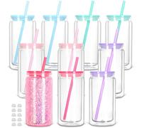 Tswofia 16 Oz Plastic Snow Globe Tumbler with Lid and Straw, 10 Pack Double Wall Pre Drilled Plastic Mason Jar Cups Can for Snow Globe Glitter DIY Gift(Mixed Colors)