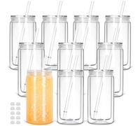 Tswofia 16 Oz Plastic Snow Globe Tumbler with Lid and Straw, 10 Pack Double Wall Pre Drilled Plastic Mason Jar Cups Can for Snow Globe Glitter DIY Gift(Clear)