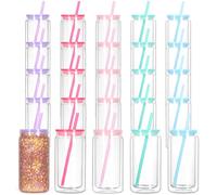 Tswofia 25 x 16oz Plastic Snow Globe Cups with Pre-Drilled Hole, Double Walled Plastic Jar with Lid and Straw