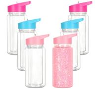Tswofia 6 Pack 10 Oz Plastic Snow Globe Tumbler for Kids with Pre-Drilled Hole and Plug, Leak Proof Double Wall Snow Globe Sports Water Bottles with Portable Handle for Glitter DIY Gift, Mixed Color