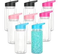 Tswofia 8 Pack 10 Oz Plastic Snow Globe Tumbler for Kids with Pre-Drilled Hole and Plug, Leak Proof Double Wall Snow Globe Sports Water Bottles with Portable Handle for Glitter DIY Gift, Mixed Color
