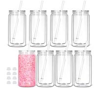 Tswofia 8 Pack plastic Snow Globe Tumbler, 16 Oz Double Wall Plastic Can with Lid and Straw, Mason Jar Mug for Snow Globe Glitter DIY Gift (Clear)
