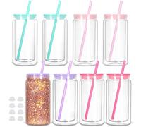Tswofia 8 Pack Snow Globe Tumbler, 16 Oz Double Wall Plastic Can With Lid and Straw, Mason Jar Mug for DIY Glitter Gift (Mixed Colors)
