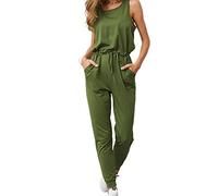 TSWRK Women's Loose Tank Jumpsuit Sleeveless Drawstring Waist Beam Foot Long Jumpsuits Rompers with Pockets(Armygreen-M)