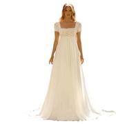 TSxuelian Beach Wedding Dress for Pregnant Bride Short Lace Sleeves Square Neck Chiffon A Line Empire Bridal Gowns Ivory