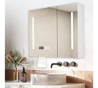 TSYORHSC Mirrored medicine cabinets for bathroom with LED lights,Wall-mounted wooden medicine cabinet with defogger,bathroom vanity mirror with 3 color lights,time display,touch control,Paper extract