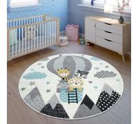 TT Home Children's Rug 3D Look Contour Cut Jungle Animals Air Balloon Motif In Cream, Size:Ø 160 cm Round