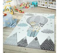 TT Home Children's Rug 3D Look Contour Cut Jungle Animals Air Balloon Motif In Cream, Size:140x200 cm
