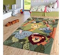 TT Home Children's Rug Play Rug Cute Circus Animals Tiger Lion Monkey Playful In Green And Multicolour, Size:Ø 120 cm Round