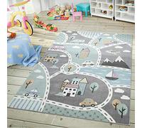 TT Home Children's Rug, Play Rug For Children's Room, With Road Motif, In Green-Grey, Size:120x170 cm