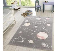 TT Home Children's Rug, Play Rug With Planets And Stars, For Child's Room In Grey, Size:80x150 cm