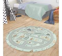 TT Home Kids Rug Children's Rug Baby Mat Road Motif Animals Forest House Boy, colour:Teal Turquoise, Size:150 cm round