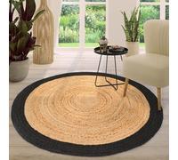 TT Home Natural Rug Jute Area Rug Livingroom Large Rug Round Boho Bohemian Handcrafted, colour:Black 2, Size:120 cm Rund