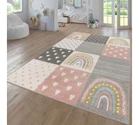 TT Home Nursery Area Rug Kids Rug For Bedroom Girls Boys Modern Rainbow Cloud Rug Animal Motif Colourful, colour:Grey Pink Cream, Size:160 cm round