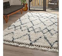 TT Home Shaggy Living Room Rug Deep Pile Modern Diamond Pattern Check in Cream Blue, Size:120x170 cm