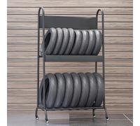 TT-YEC Freestanding Motorcycle Tire Storage Rack, 2-Tier Heavy-Duty Metal Spare Tire Organizer with 4 Universal Wheels And Removable Billboard, Portable Tire Display Rack