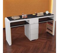 TT-YEC Modern Professional Manicure Table, Wooden Manicure Table with Glass Top, Drawers And Open Storage, Beauty Salon Nail Salon Table, Black And White Dressing Table,AL162CM