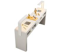 TT-YEC Multifunctional Nail Tech Desk Station, Heavy Duty Metal Nail Art Table, Double Storage Shelves Beauty Nail Art Table with Nail Powder Collector, LED Light And Drawer,L140CM