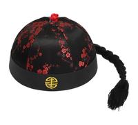 TTAO Ancient Chinese Style Royal Emperor Hat Embroidered Dome Cap with Ponytail Qing Dynasty Asian Costume Black&Red Large