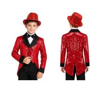 TTAO Boys Formal Blazer For Party Prom Shiny Sequins Lapel Suit Jacket Circus Magic Shows Dancing Coat Red 11-12 Years