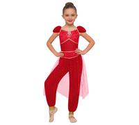 TTAO Girls Arabian Princess Rompers Jumpsuit Belly Dance Outfit | Arabian Princess Jumpsuit with Sequined Waist And Tulle Overlay, 2-piece Costume Set Outfit , for Halloween And Cosplay.