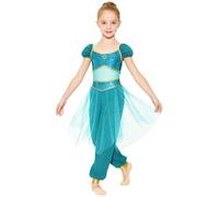 TTAO Girls Arabian Princess Rompers Jumpsuit Belly Dance Outfit | Arabian Princess Jumpsuit with Sequined Waist And Tulle Overlay, 2-piece Costume Set Outfit , for Halloween And Cosplay.