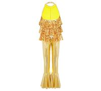TTAO Girls Sequins Jazz Dance Leotard Sequin Jumpsuit Disco Party Outfit For Stage Performance Halloween Cosplay Gold 13-14 Years