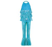TTAO Girls Sequins Jazz Dance Leotard Sequin Jumpsuit Disco Party Outfit For Stage Performance Halloween Cosplay Light Blue 13-14 Years