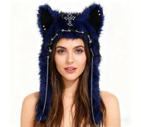 TTAO Kawaii Gothic Cat Ear Hat with Foldable Earmuffs Adjustable Punk Plush Hat for Winter Festivals Daily Streetwear Royal Blue One Size