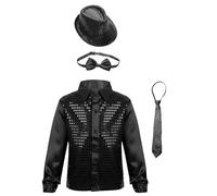 TTAO Kids Boys Sequins Long Sleeve Shirts Latin Hip Hop Jazz Dance Top And Hat Bowtie Necktie Performance Disco Costume Black 9-10 Years