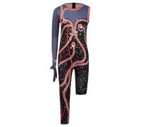 TTAO Kids Superstar Singer Costume Sparkly One Shoulder Jumpsuits Gymnastics Leotards Performance Unitard Dancewear Black Red 5-6 Years