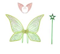 TTAO Sparkly Butterfly Wing Angel Princess Costume Fairy Wings with Elf Ears and Star Wand for Women Girls Green One Size