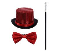 TTAO Top Hat Costume Shiny Sequin Magician Victorian Hat Bow Tie Cane Set Top Hats For Masquerade Red One Size