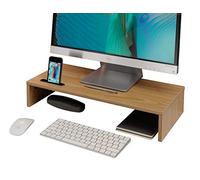 Ttap Oak Wood Monitor Stand / TV Desk Stand / PC Monitor Riser / Desk Organiser with Smart Phone Holder / 54cm L x 24.5cm D x 10.4cm H
