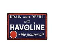 ttart Drain and Refill with Havoline~The Power Oil Vintage Metal Signs for Room Decor, Tin Plaque Aluminum Sign Waterproof Art Decoration for Man Cave Bar Club Indoor and Outdoor Wall Decor 20x30cm