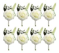 TTBDDM 8 Pieces Wedding Boutonniere, Rose Flower Pins, Wedding Rose Flower Pins, Groom Boutonniere, for Bride, Groom, Bridesmaids, Groomsmen, Guests, White
