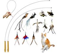 TTcat Interactive Bird & Insect Simulation Cat Toy Set 10 Pcs Feather Refills & 2 Pcs Cat Wand Toy, 29'' Flexible Steel Wire, Sturdy Wood Handle & Bell, for Indoor Kittens.