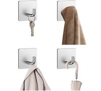 TTCUDADN Self Adhesive Key Hooks, Stick on Wall Extra Strong, Hooks for Hanging Storage in Kitchen, Bathroom, and Bedroom, Silver Brushed Stainless Steel (4 Pack)