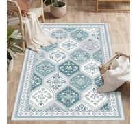 TTelephant 3x5 Washable Rug, Soft Non-Slip Boho Moroccan Rug, Low-Pile Printed Indoor Teal Throw Rugs for Entryway, Kitchen, Bedroom Bedside, Entrance- Teal