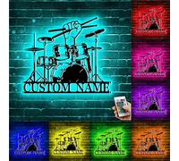 TTFEVVGX Custom Drummer Metal Sign with LED Lights Hand Holding Drumsticks Wall Art Personalized Drummer Name Metal Signs Drumming Music Club Decor Gift for Men Women Music Lover Boy Girl Lover