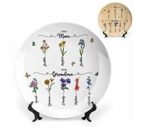 TTFEVVGX Customized First Mom Now Grandma Home Decoration Gifts Custom Birth Month Flower and Name Display Family Plate for Living Room Personalized Name Ceramic Decorative Plates for Mom Grandma