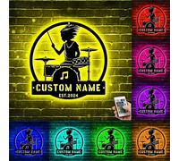TTFEVVGX Personalized Drummer Metal Wall Sign with LED Light Custom Drumer Name Wall Art Drum Music Room Decor Light Up Home Drumming Wall Art Decor Gift for Boy Girl Women Men