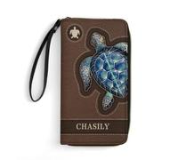 TTFEVVGX Personalized Sea Turtle Women Leather Wallet Custom Name Parent-Child Purse Zipper Coin Cash Multi Card Travel Clutch Wristlet Credit Card Holder for Women Loving Birth Date Gift for Mother